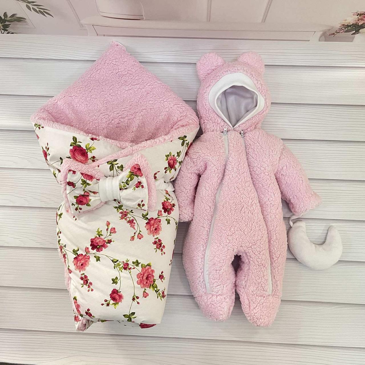 Комплект Тедді конверт + комбінезон для новонароджених, рожевий з принтом квіти, фото 1