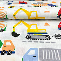 Турецька бавовняна тканина ранфорс "Будівельна техніка жовта, зелена, червона" 240 см, фото 2