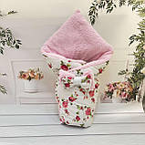 Зимовий хутряний конверт Тедді на бавовняній підкладці для новонароджених, рожевий з принтом, фото 3