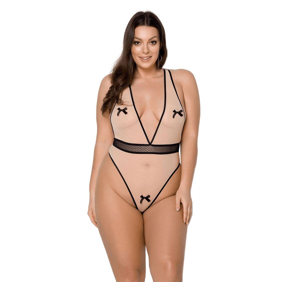 Боді Passion VIENA BODY 6XL/7XL, beige, контрастне, бантики, вставка-сітка, відкриті сідниці, фото 1