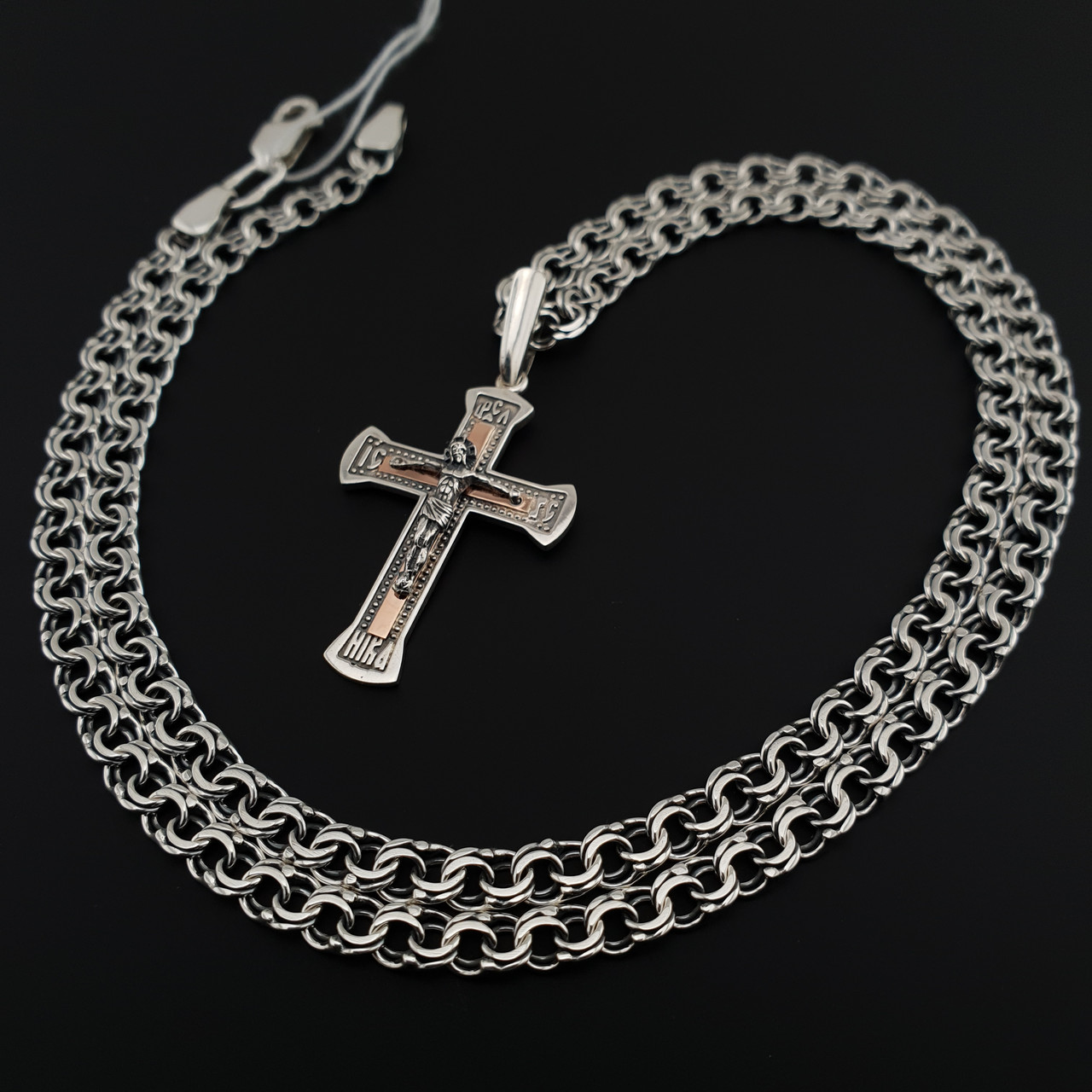 Срібна цепочка з хрестиком чоловіча. Срібний хрестик із золотими пластинами і чоловіча срібна цепочка. 60 см, фото 1