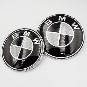 Комплект емблем карбон BMW (БМВ) 82 та 74 мм E46 E90 E65 E66 E70 на капот та багажник - комплект 2 штуки