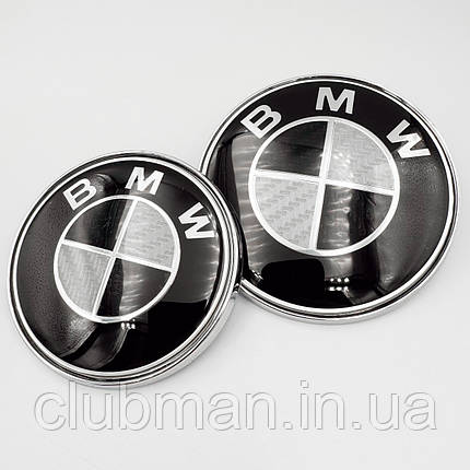 Комплект емблем карбон BMW (БМВ) 82 та 74 мм E46 E90 E65 E66 E70 на капот та багажник - комплект 2 штуки, фото 1