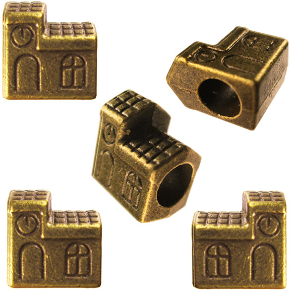 Набір 5 шт Намистини 11 мм Шарм Будинок, Метал, Колір Бронза, Отвір 5 мм, Шарми на Паракорд, Фурнітура Біжутерію, фото 1