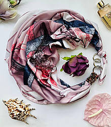 Дизайнерська хустка My Scarf прикрашена натуральним каменем родоніт "Квіткова галактика" 90 на 90 см