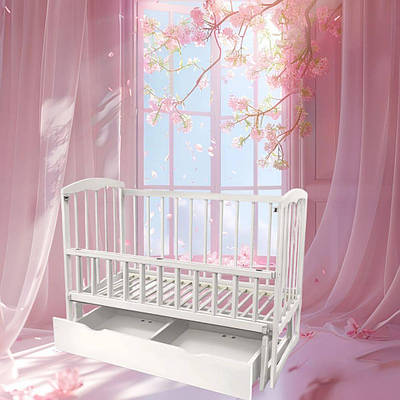 Дитяче дерев'яне ліжечко для новонароджених на шарнірах з ящиком відкидним бортиком вільха колір слонова кістка