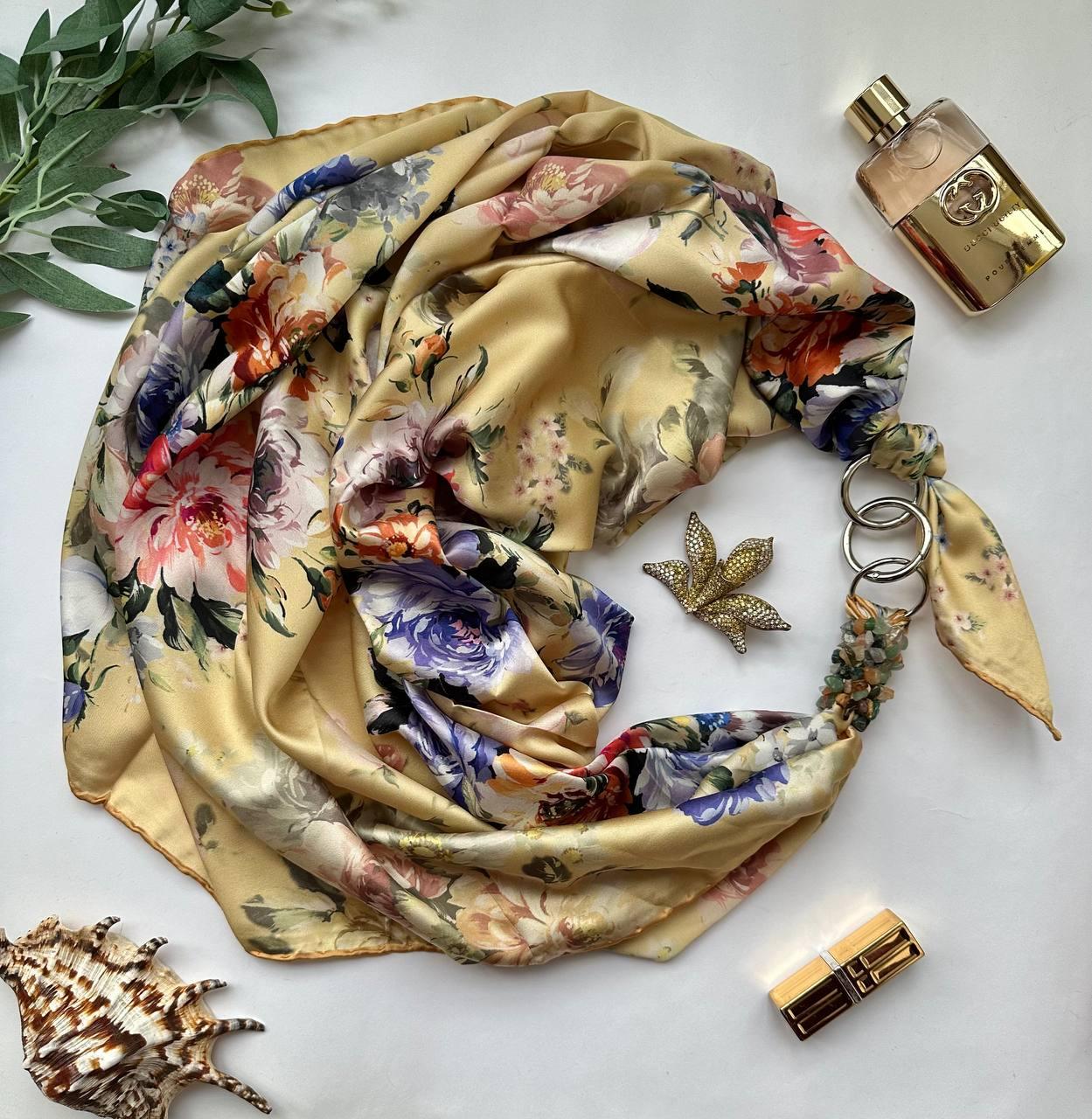 Дизайнерська шовкова хустка My Scarf "Золотий сад" 90 на 90 см, Преміум ВІП колекція