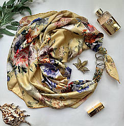 Дизайнерська шовкова хустка My Scarf "Золотий сад" 90 на 90 см, Преміум ВІП колекція