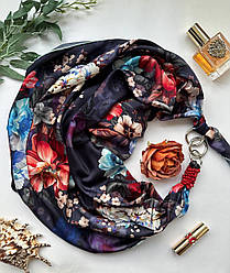 Дизайнерська шовкова хустка My Scarf "Українська ніч" 90 на 90 см, Преміу ВІП колекція, прикрашена коралом