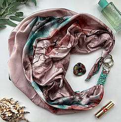 Дизайнерська хустка  My Scarf "Ніжна акварель" 90 на 90 см прикрашена натуральним каменем бірюза, 90 на 90 см