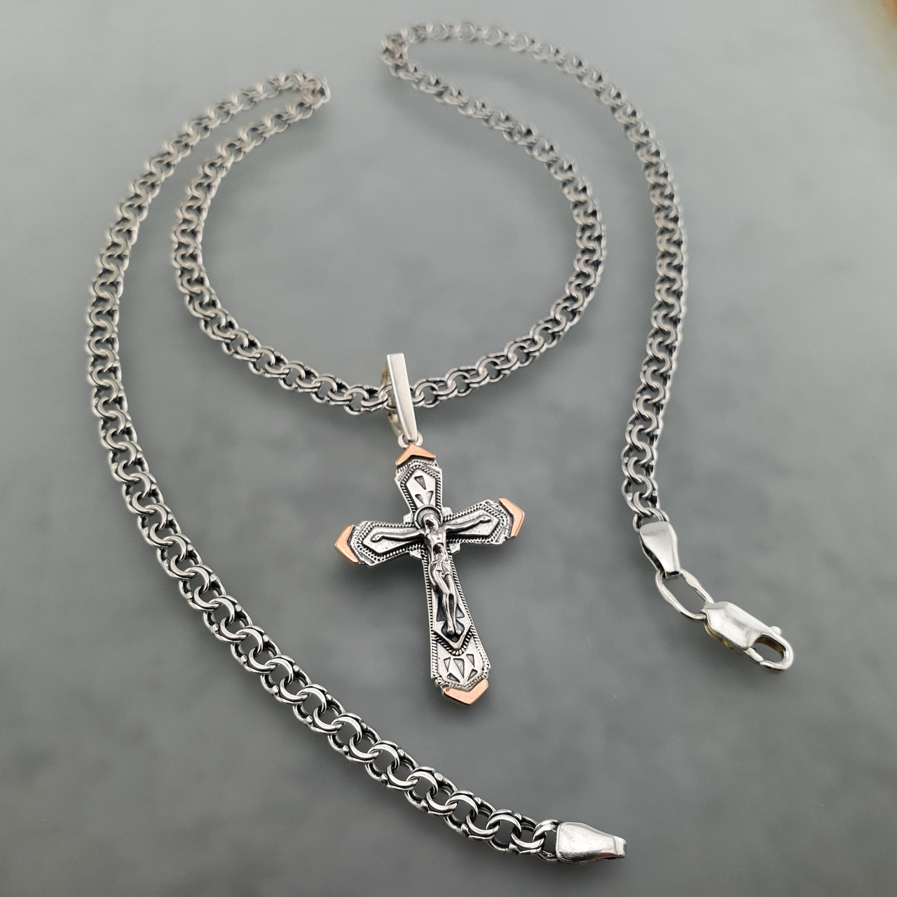 Срібна цепочка з хрестиком чоловіча. Срібний хрестик із золотими накладками і чоловіча срібна цепочка. 60 см, фото 1