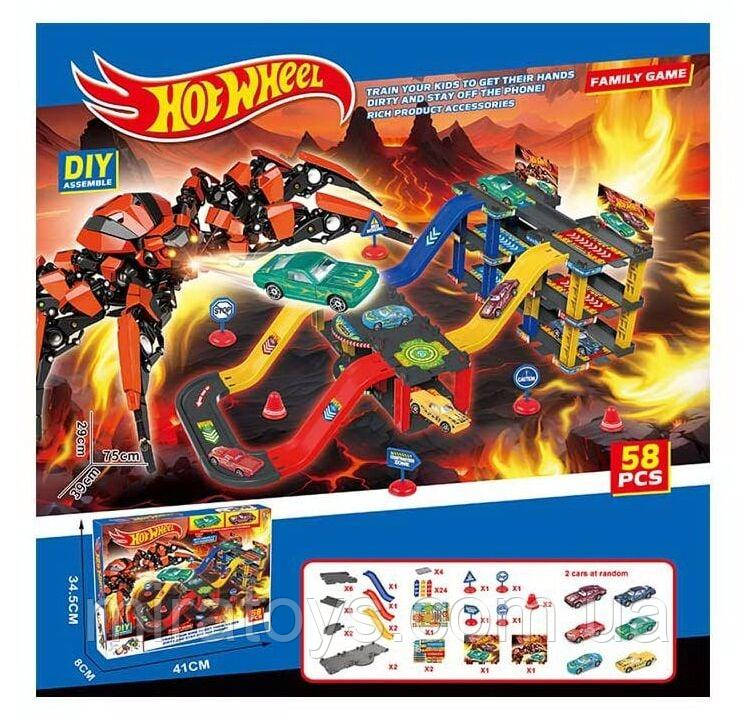 Автотрек Парковка Гараж Хот Вілс Hot Wheel Павук, довжина 75 см., 2 металопластикові машинки
