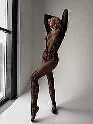 Чорний бодістокінг з в сіточку з вишивкою