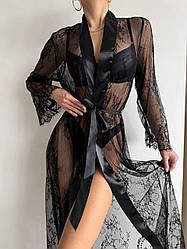 Жіночий чорний прозорий домашній халат в сіточку