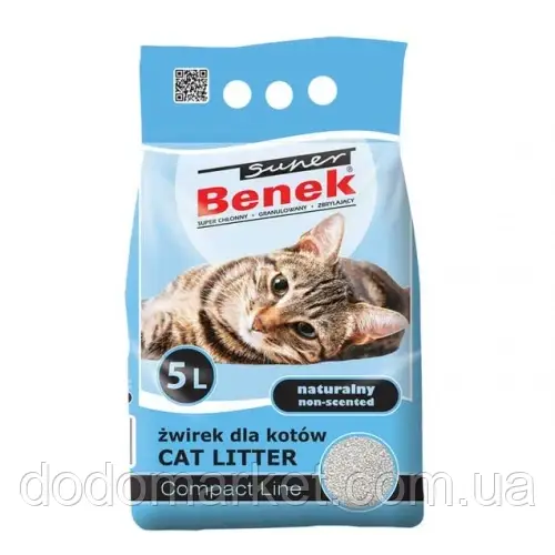 Super Benek Compact Natural - наповнювач бентонітовий Супер Бенек Компактний без аромату 5 л, фото 1