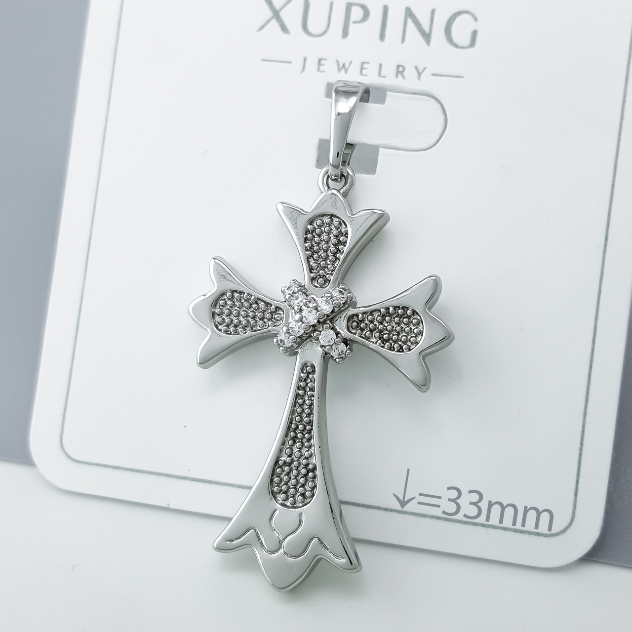 Хрест "Фігурний" з краплинним візерунком та камінням, медичне золото Xuping, родій, фото 1