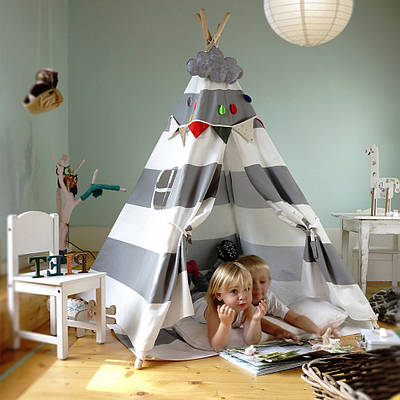 Сірий дитячий намет тент Ігровий вігвам 150х120х135 Розкладне шатро будиночок індіанця Шторки закриваються віконце