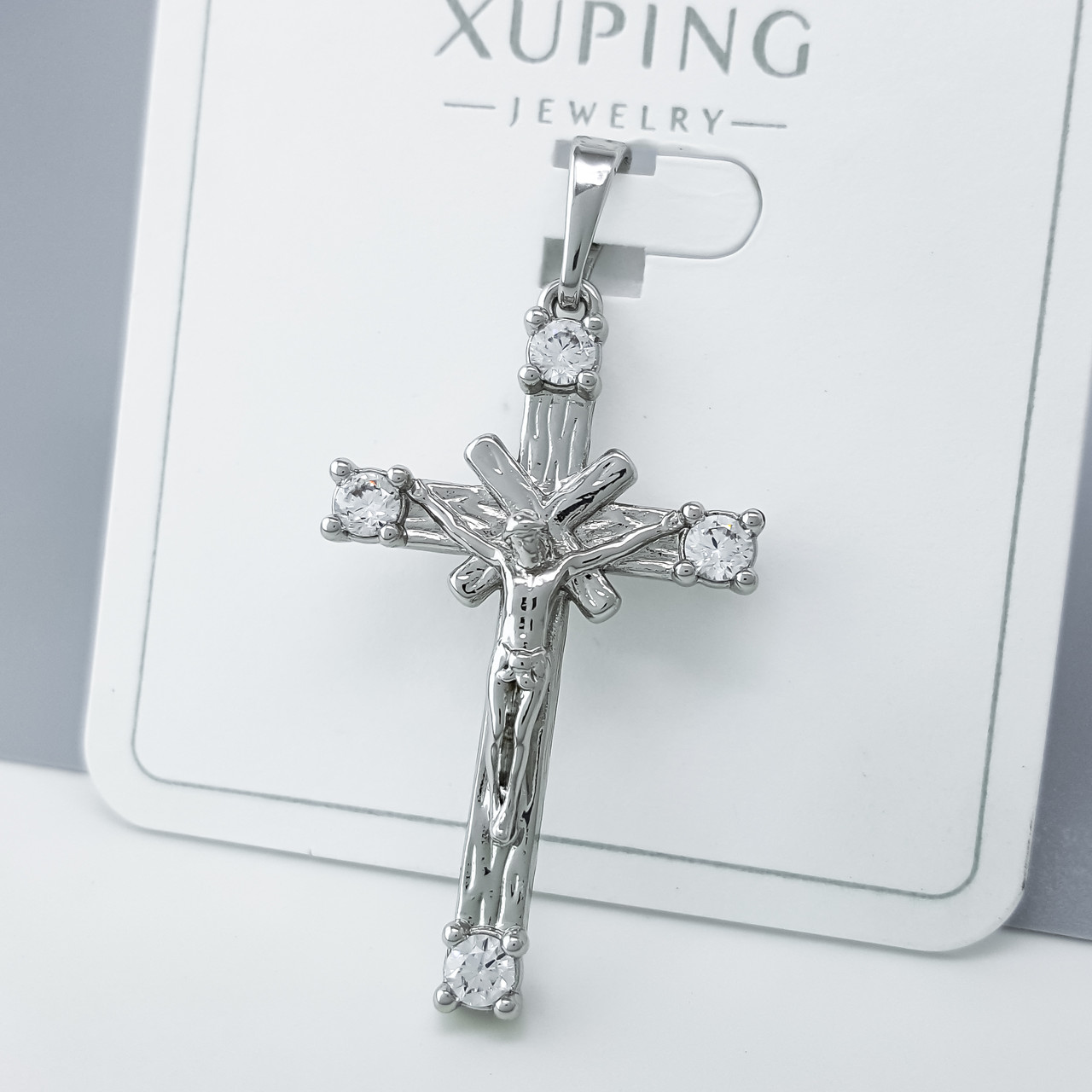 Хрест "Класика" з розп'яттям та камінням, медичне золото Xuping, родій, фото 1