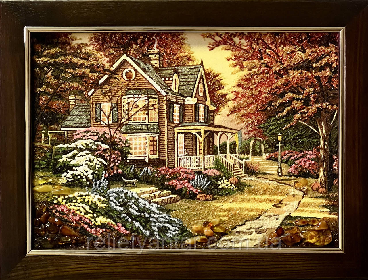 Картина з бурштину " Затишний будинок " , картина 30*40 см