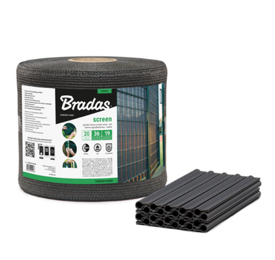 Стрічка / сітка для огорожі 19 см х 36 м, 200 г/м² + кліпси 20 шт, сіра, Bradas