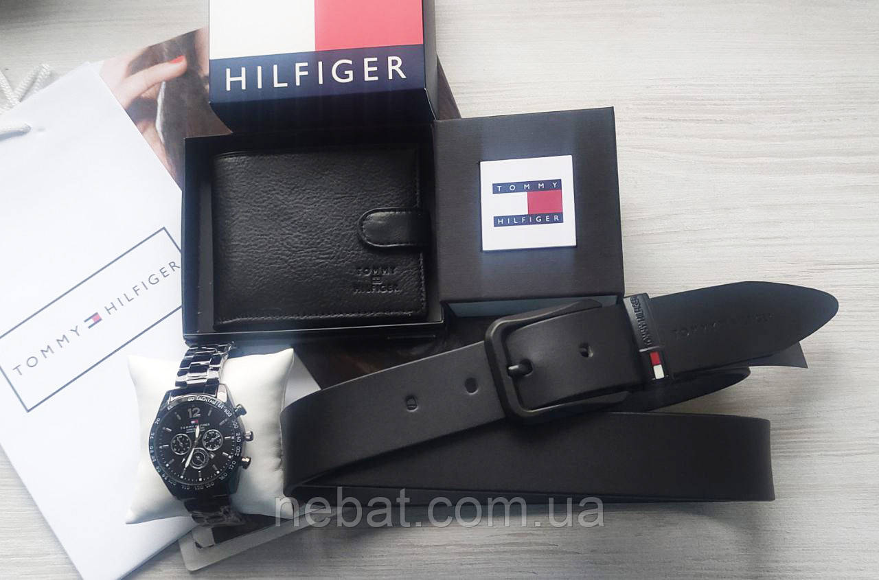 Чоловічий подарунковий набір Tommy годинник, шкіряний ремінь і гаманець black