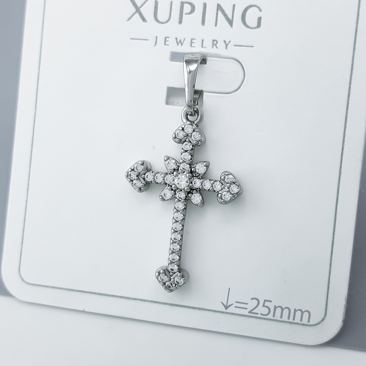 Хрест "Фігурний" з розсипом каміння, медичне золото Xuping, родій, фото 1