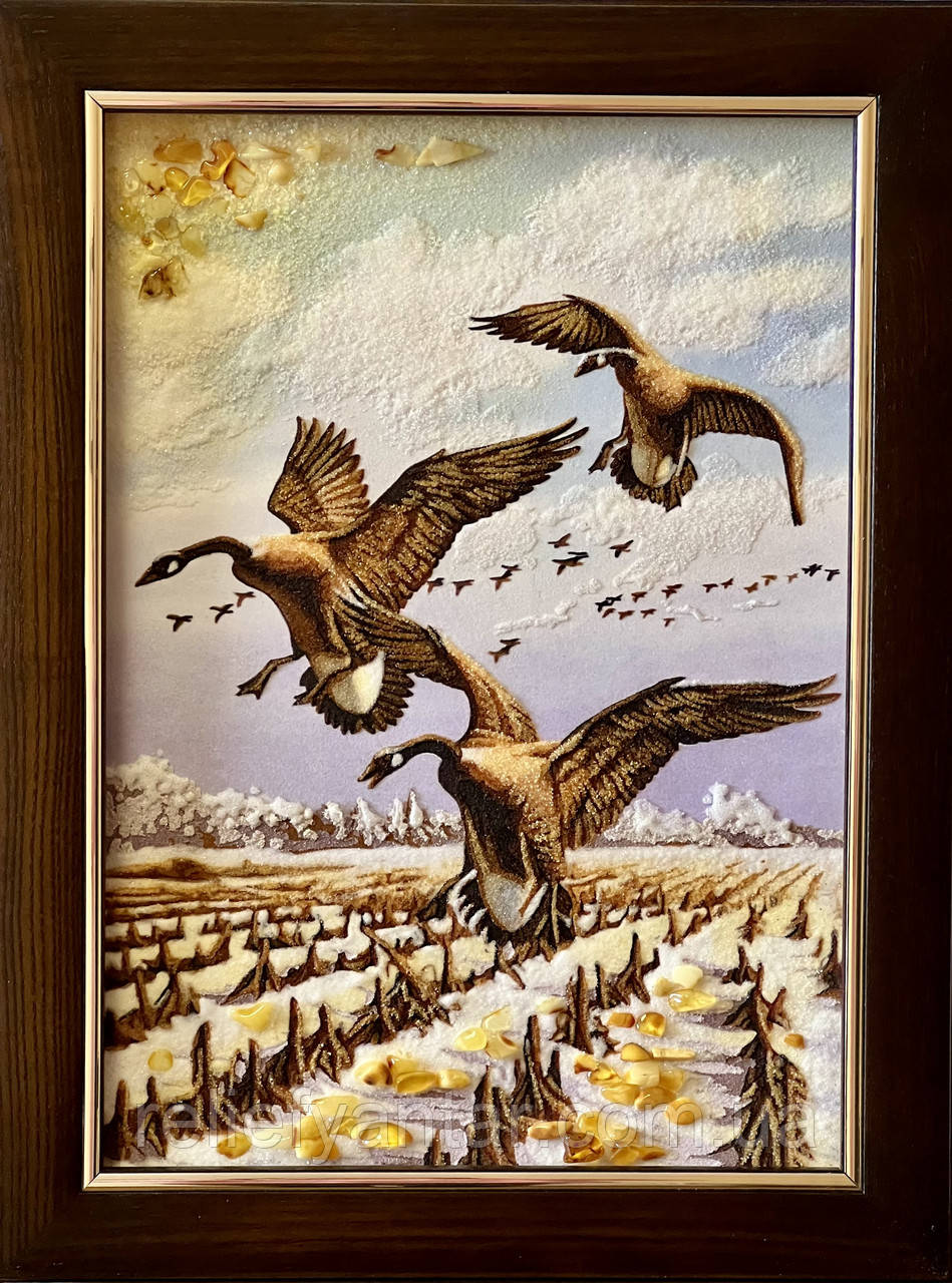 Картина з бурштину "Качки" 30*40 см, картина на подарунок, фото 1