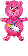 Фольгована кулька міні-фігура Flexmetal 14"(36х23 см) Ведмедик з пляшечкою рожевий
