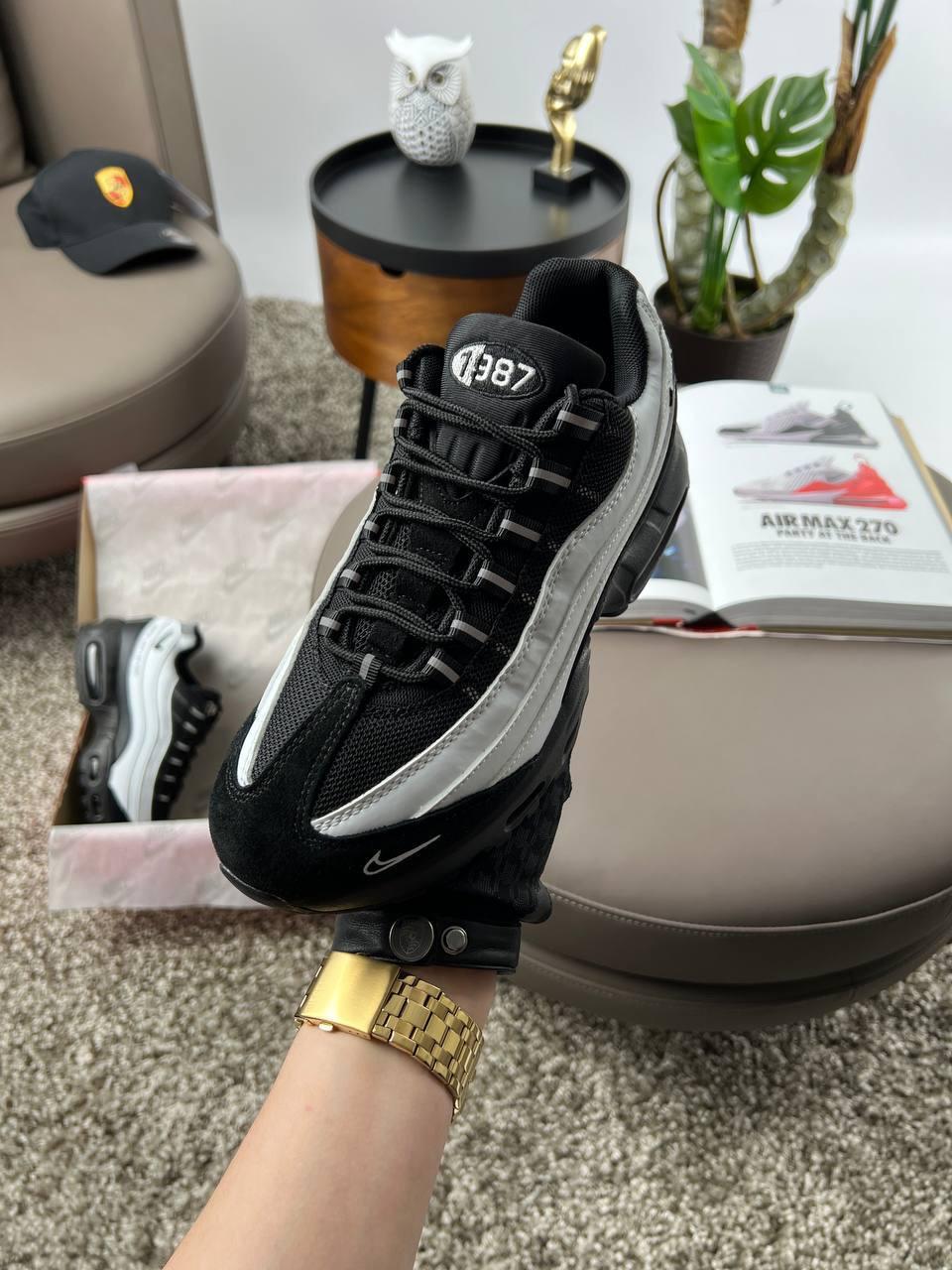 Чоловічі шкіряні текстиль кросівки Nike Air Max 95 Black White, кеди Найк чорні білі. Чоловіче взуття