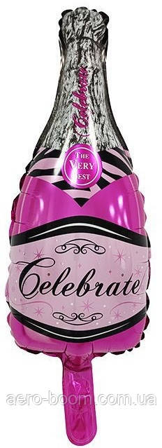 Фольгована кулька міні-фігура КНР (19х46 см) Пляшка "Шампанське" фуксія, фото 1