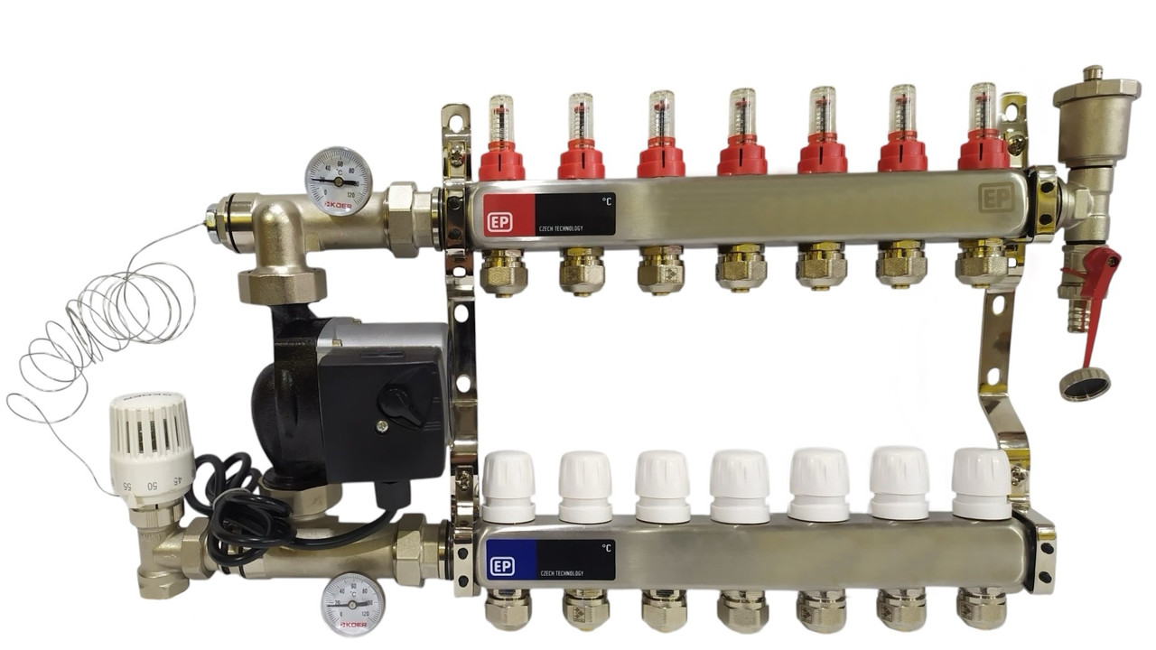 Колектор для теплої підлоги на 7 контурів у зборі з насосом, «Europroduct» НЕРЖАВІЙКА