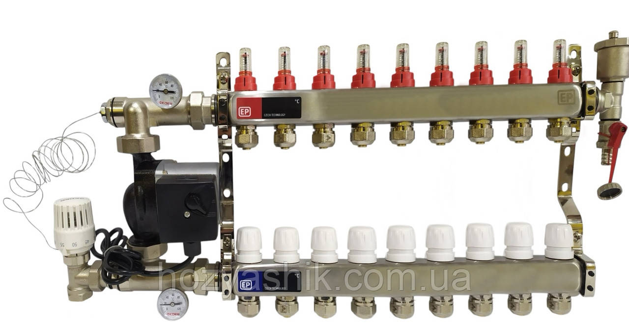 Колектор для теплої підлоги в зборі на 9 контурів з насосом, «Europroduct» НЕРЖАВІЙКА