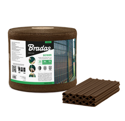 Стрічка / сітка для огорожі 19 см х 36 м, 200 г/м² + кліпси 20 шт, коричнева, Bradas