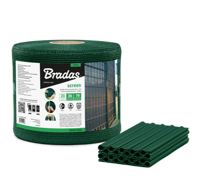 Стрічка / сітка для огорожі 19 см х 36 м, 200 г/м² + кліпси 20 шт, зелена, Bradas