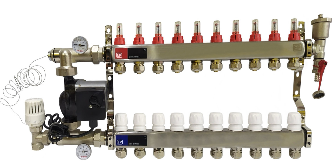 Колектор для теплої підлоги у зборі на 10 контурів із насосом, "Europroduct" НЕРЖАВІЙКА