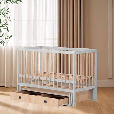 Ліжечко дитяче дерев'яне на шарнірах Колиска малюкові з висувною паличкою ящиком колір сірий натуральний