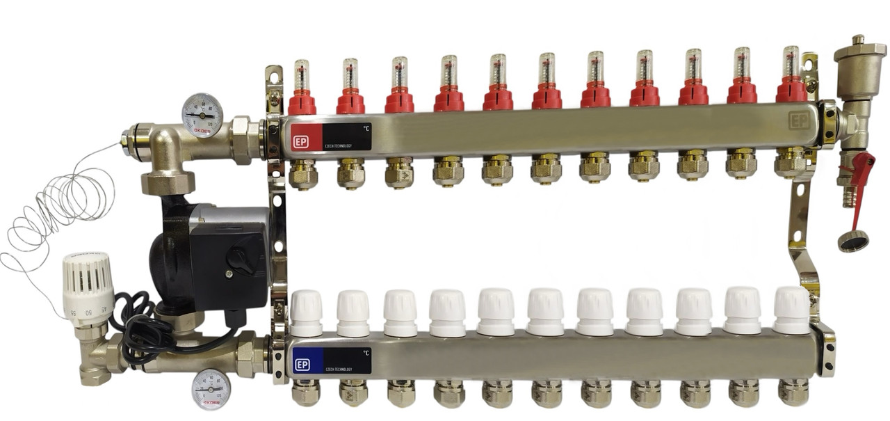 Колектор для теплої підлоги у зборі на 11 контурів із насосом, "Europroduct" НЕРЖАВІЙКА