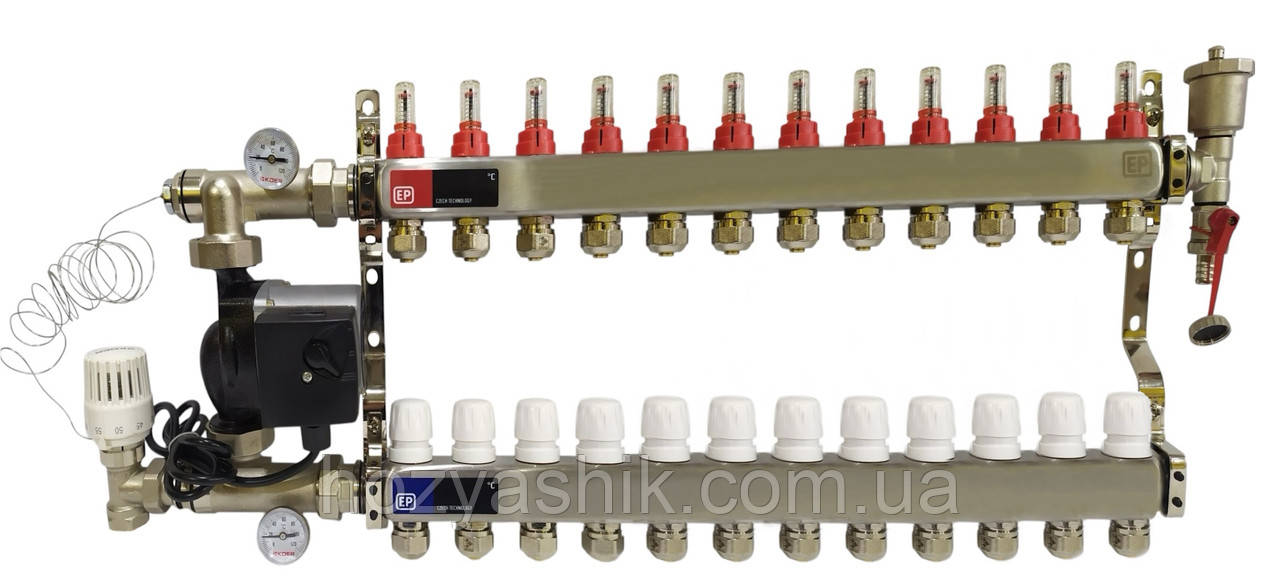 Колектор для теплої підлоги у зборі на 12 контурів із насосом, "Europroduct" НЕРЖАВІЙКА