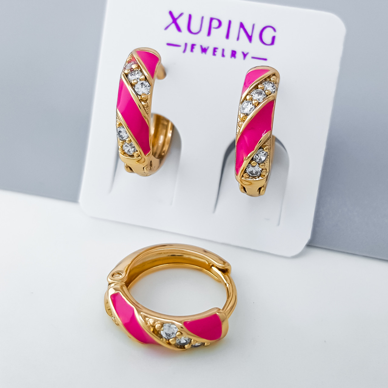 Сережки "Кільця" з рожевою емаллю та камінням, медзолото Xuping позолота 18К
