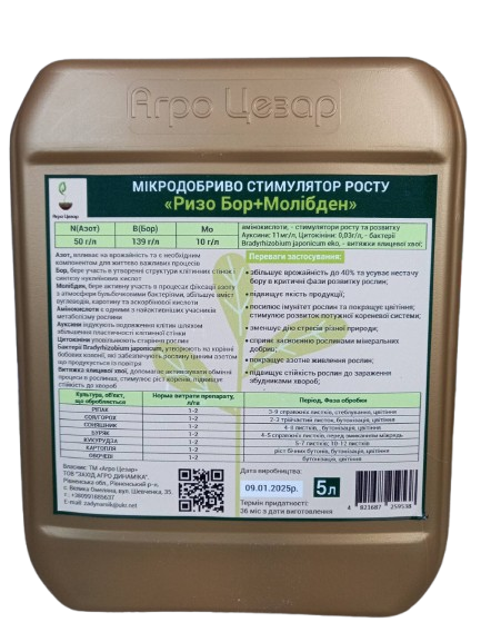 Мікродобриво Ризо Бор + Молібден 5 л для ріпаку, сої, гороху, кукурудзи, соняшнику, буряків, картоплі
