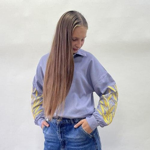 Підліткова вишиванка "Єва" для дівчинки, сіра лляна блуза з вишивкою на ґудзиках, фото 1