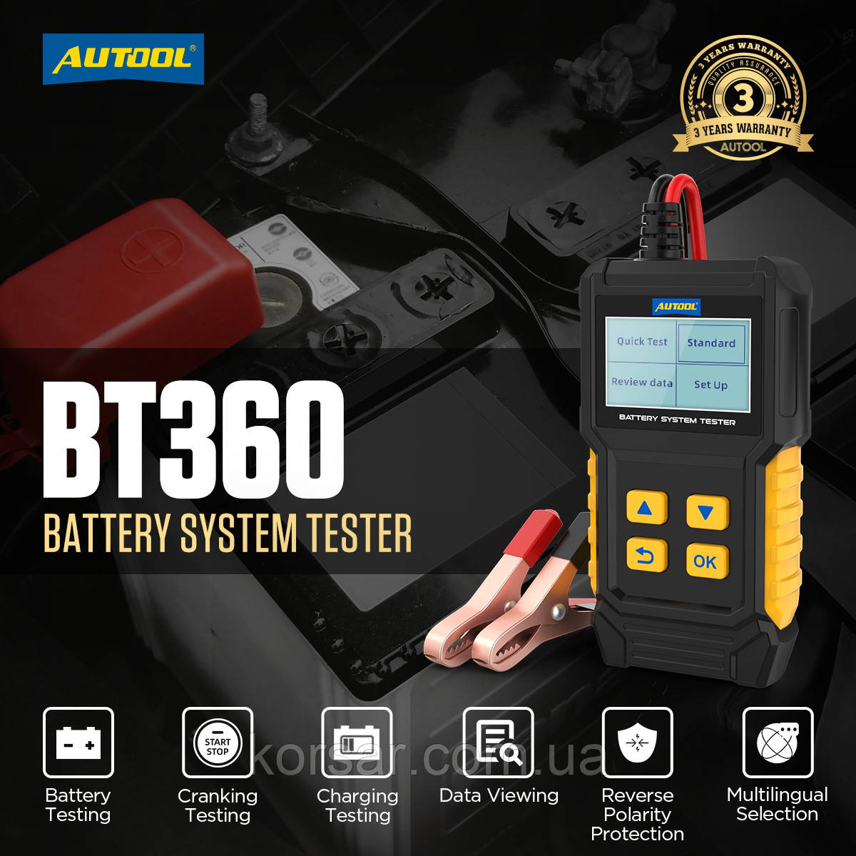 Тестер для АКБ і генератора Autool BT360 (9-16В), російська мова. Професійний., фото 1