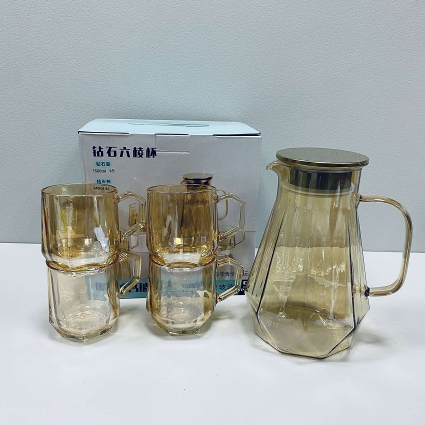 Глечик скляний з чашками 4 шт A-Plus 7014 золотого кольору, фото 1