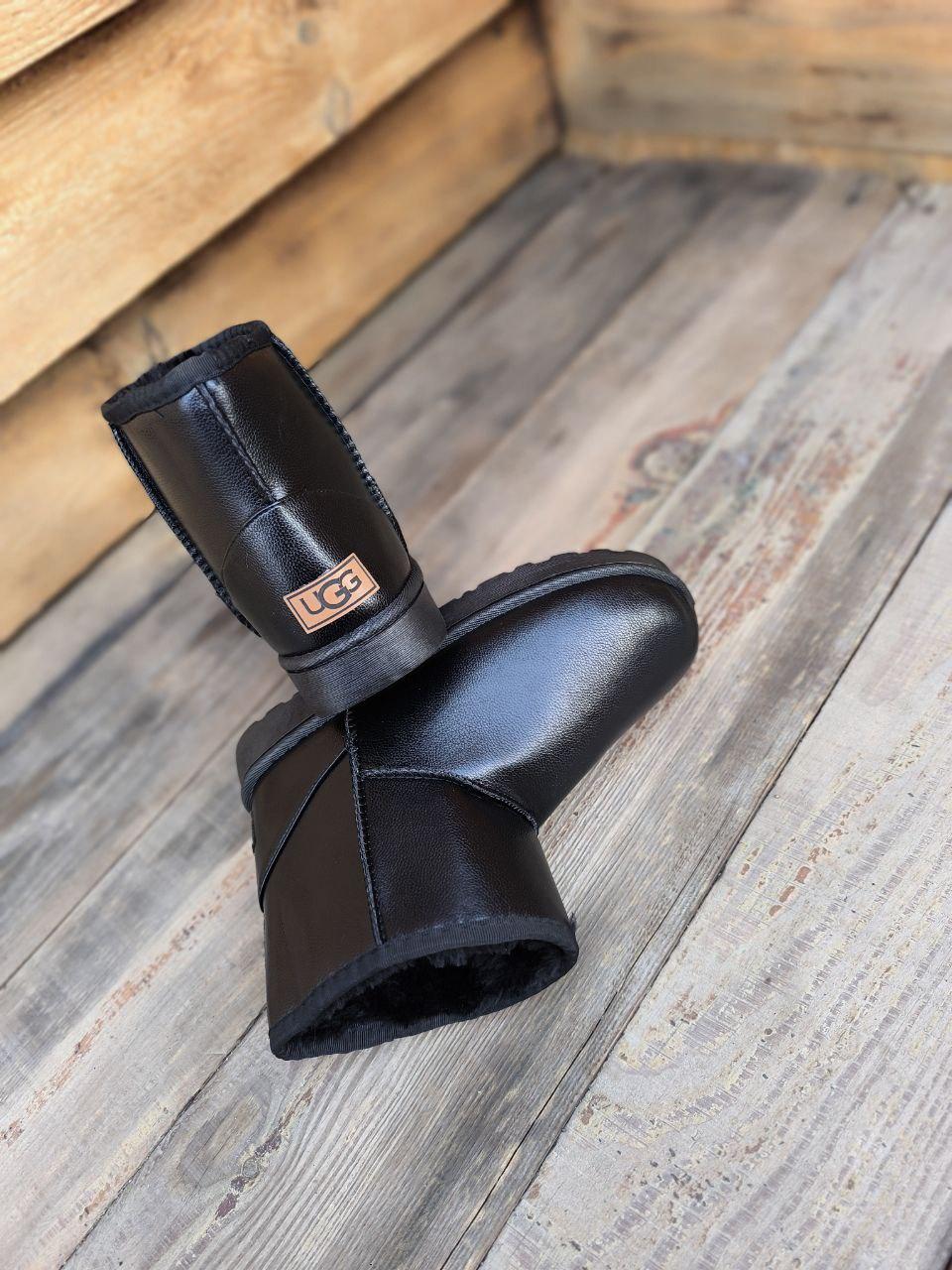 UGG Черные низкие угги эко - кожа женские теплые зимние мини полусапожки ботильоны