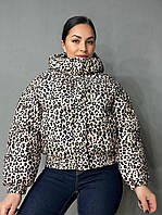 Куртка жіноча Lady Yep 9006 коротка з капюшоном леопардовий принт на резинці демісезонна бежева, бежевий, 42