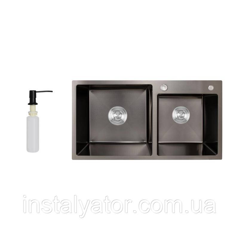 Мийка для кухні з двома чашами інтегрована Lidz Handmade H7843 (LDH7843BPVD45586) Brushed Black PVD 3,0/1,0 мм