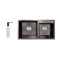 Мийка для кухні з двома чашами інтегрована Lidz Handmade H7843 (LDH7843BPVD45586) Brushed Black PVD 3,0/1,0 мм
