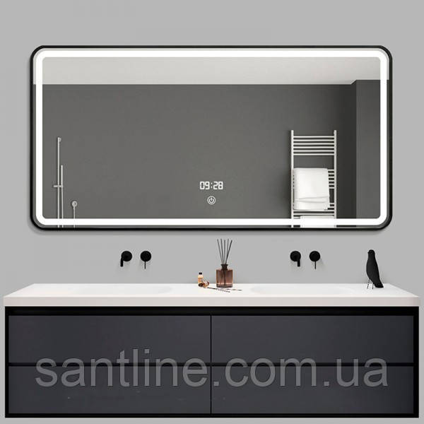 Дзеркало з LED підсвічуванням 80х65 см DUSEL DE-M0065D Black сенсорне включення з підігрівом годинником температурою, фото 1