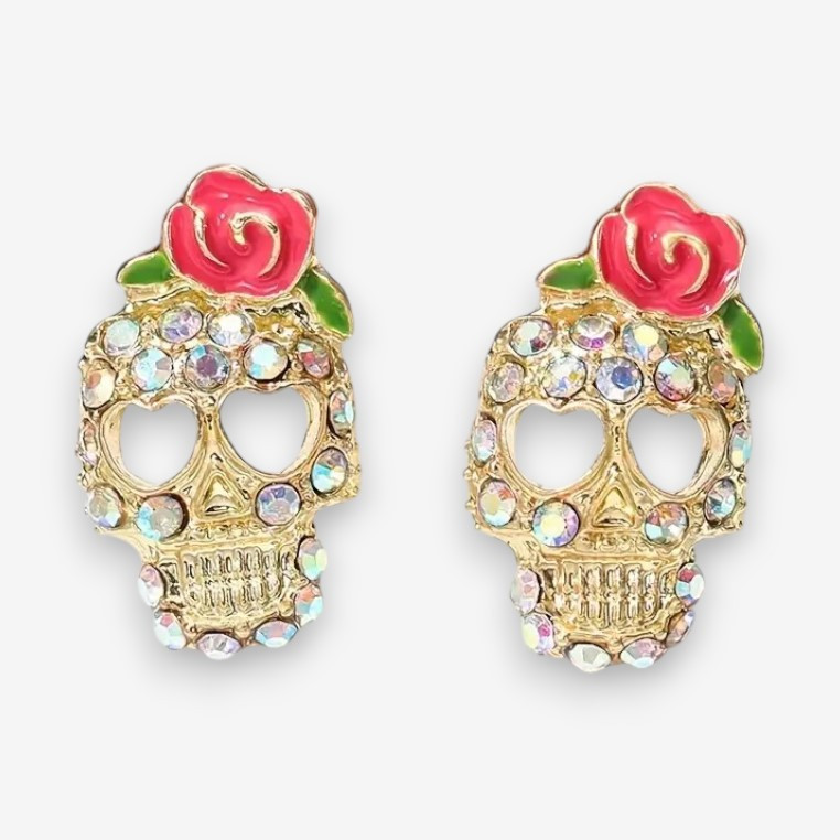 Жіночі сережки-гвоздики пусети у вигляді черепа з кристалами та рожевою трояндою, іспанський стиль, 1.9 см, золотисті, фото 1