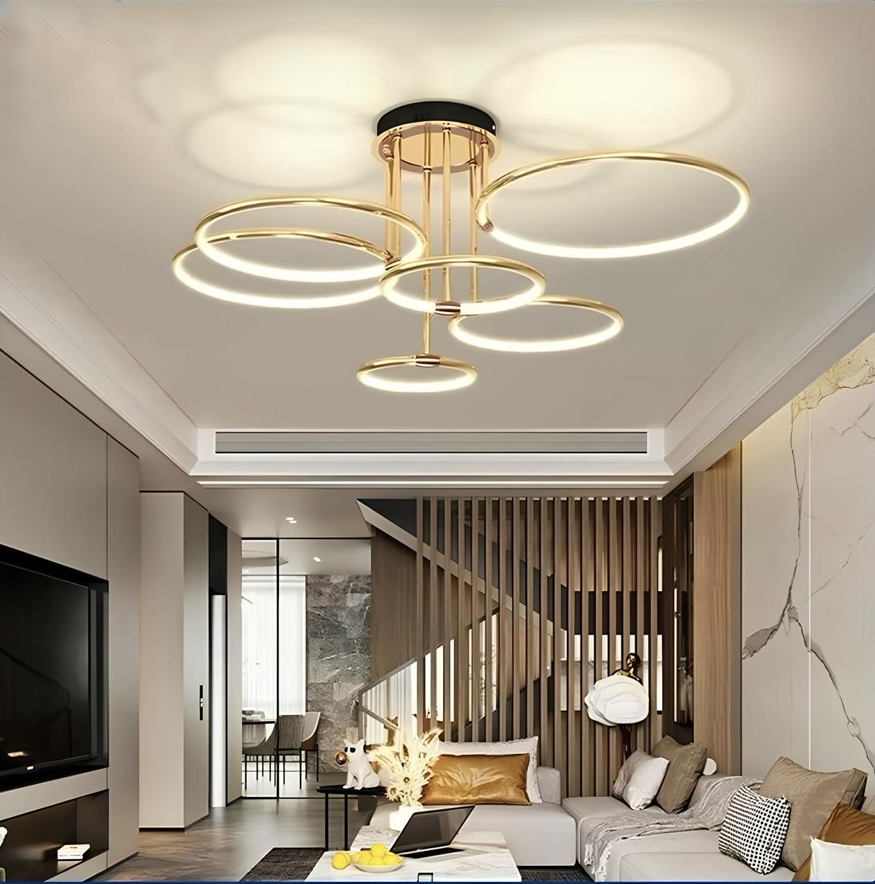 Сучасна LED люстра три режими світла, 6 золотих каблучок (BO-5100/6GD), фото 1